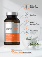 Horbaach Vitamin E 1000 IU 200 Softgels side view details of non GMO dietary supplement