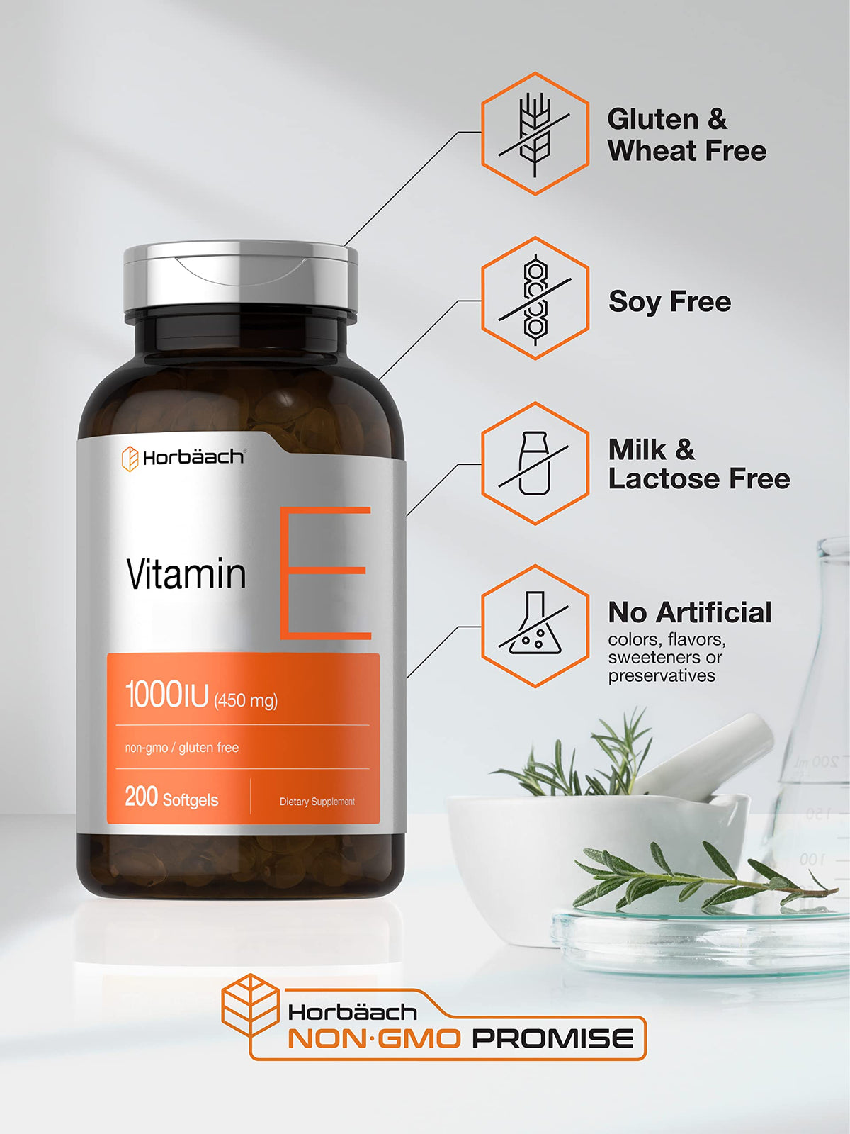 Horbaach Vitamin E 1000 IU 200 Softgels side view details of non GMO dietary supplement