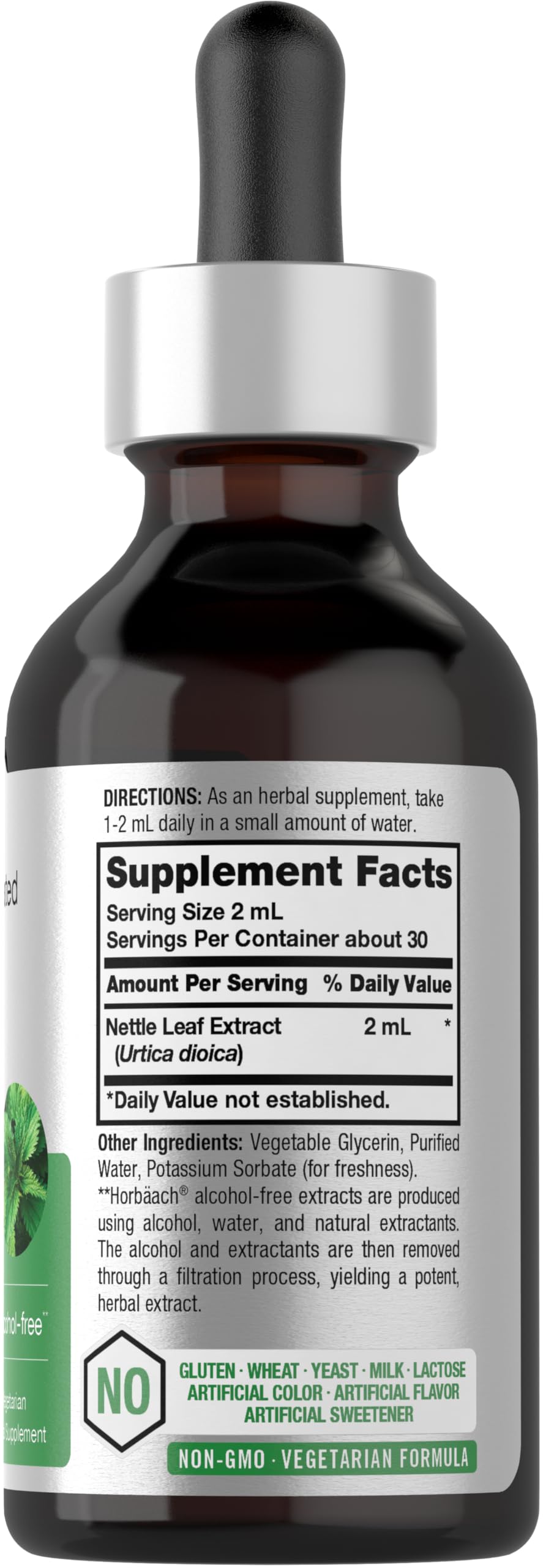 Horbäach stinging nettle liquid extract tincture 2 fluid ounces packaging detail showing non GMO verification