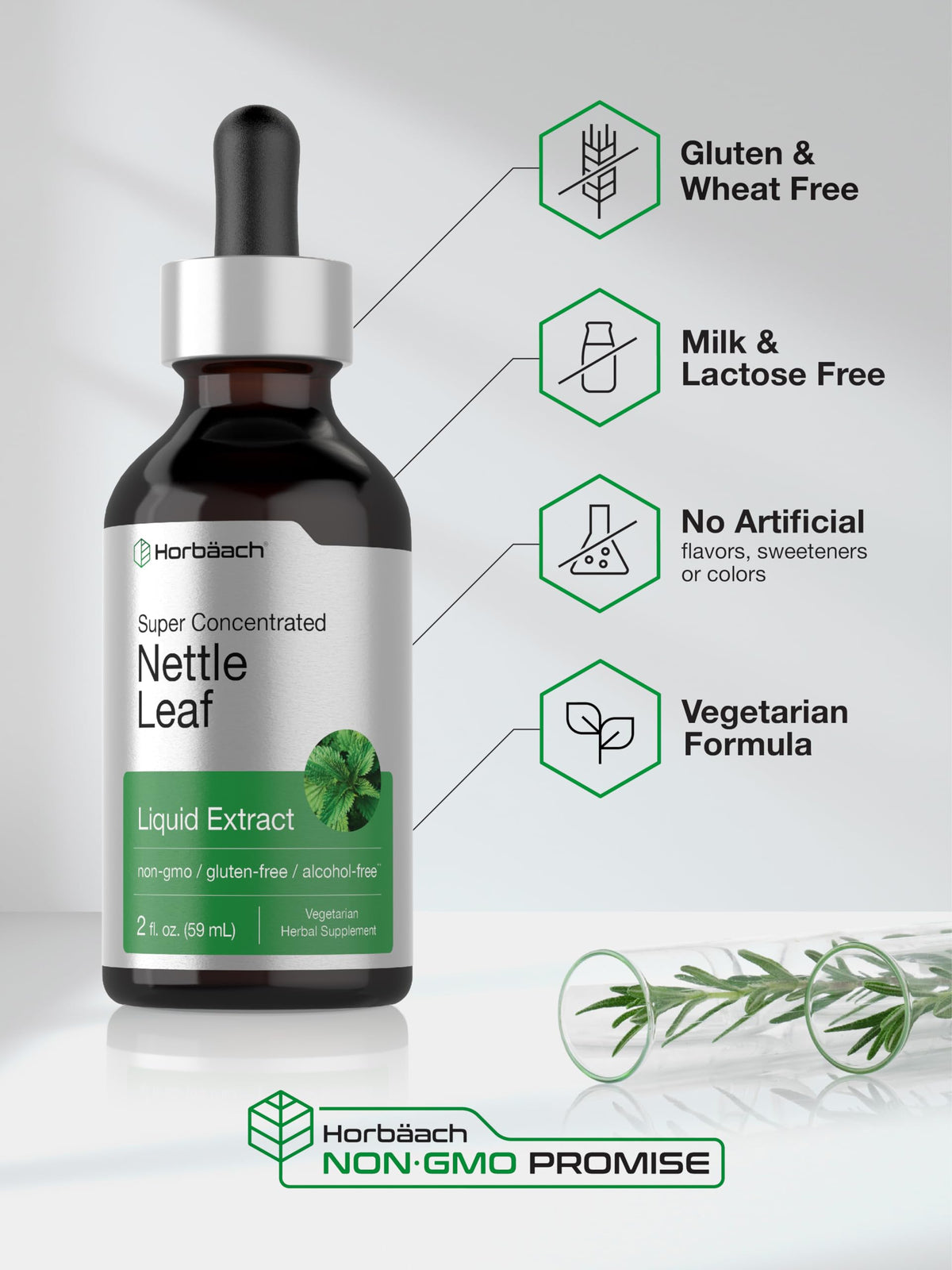 USA imported Horbäach nettle leaf extract supplement bottle showcasing the secure outer seal protection