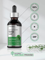 Horbäach premium stinging nettle fluid drops highlighting gluten free and soy free dietary friendly icons