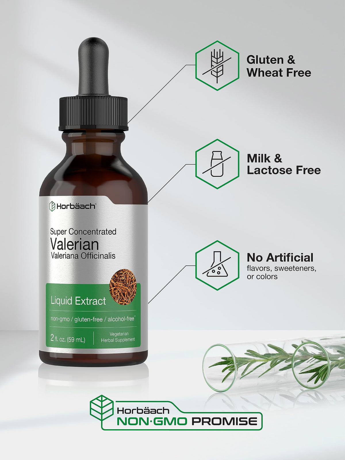 Horbäach herbal liquid drops packaging displaying clear dosage instructions for adult use.