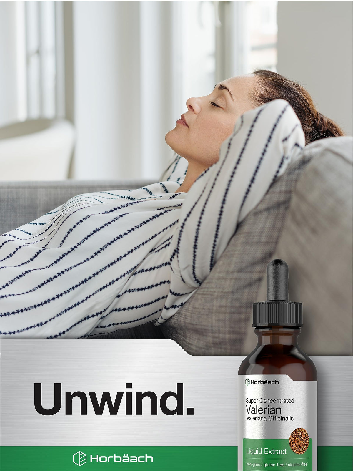 Authentic Horbäach valerian root extract drops showing the gluten free and alcohol free certifications.
