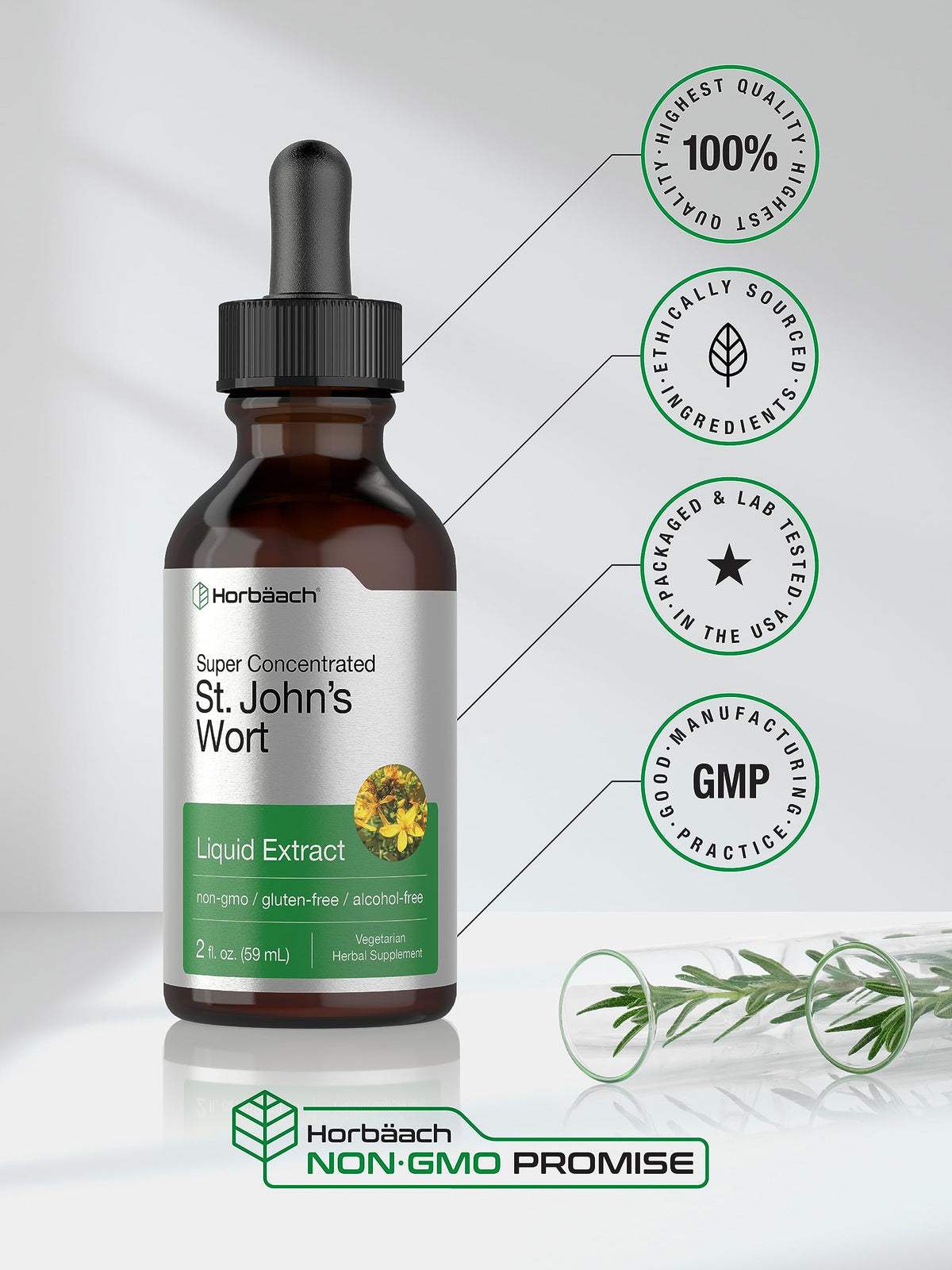 Horbäach St Johns Wort non-GMO gluten free extract bottle setup
