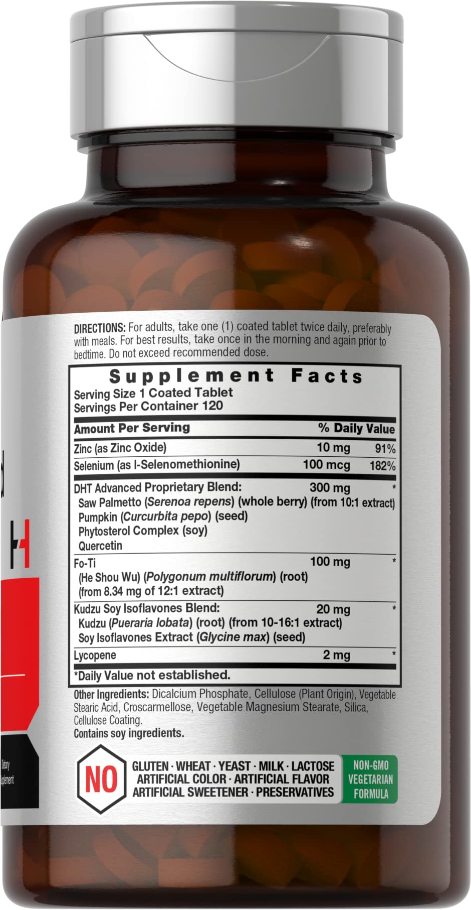 Horbaach DHT Blocker supplement bottle showing key botanical ingredients list