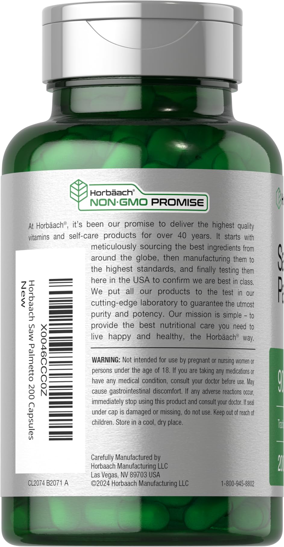Authentic USA imported Horbaach Saw Palmetto bottle showing non GMO and gluten free icons