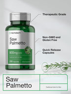 Horbaach Saw Palmetto 900mg capsules displayed next to the amber dietary supplement bottle