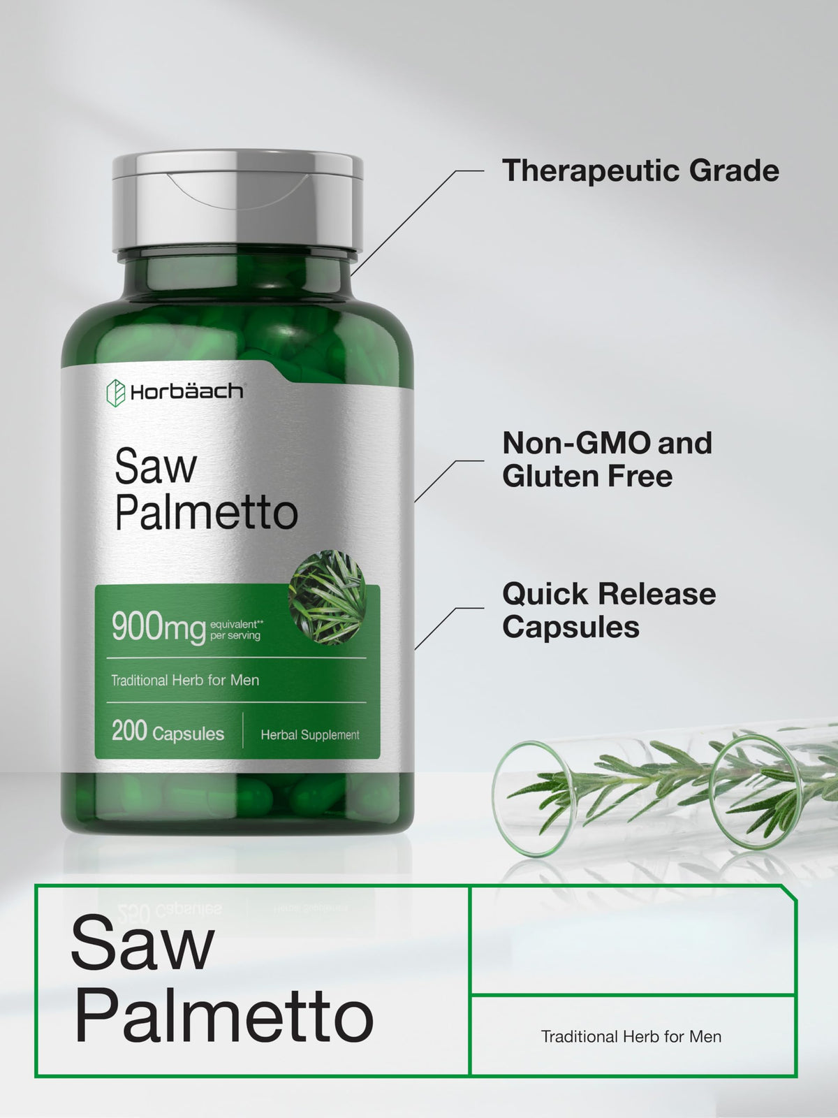 Horbaach Saw Palmetto 900mg capsules displayed next to the amber dietary supplement bottle