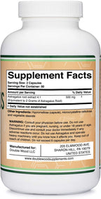 Side view of Double Wood Astragalus 500mg bottle detailing non-GMO and gluten-free product features