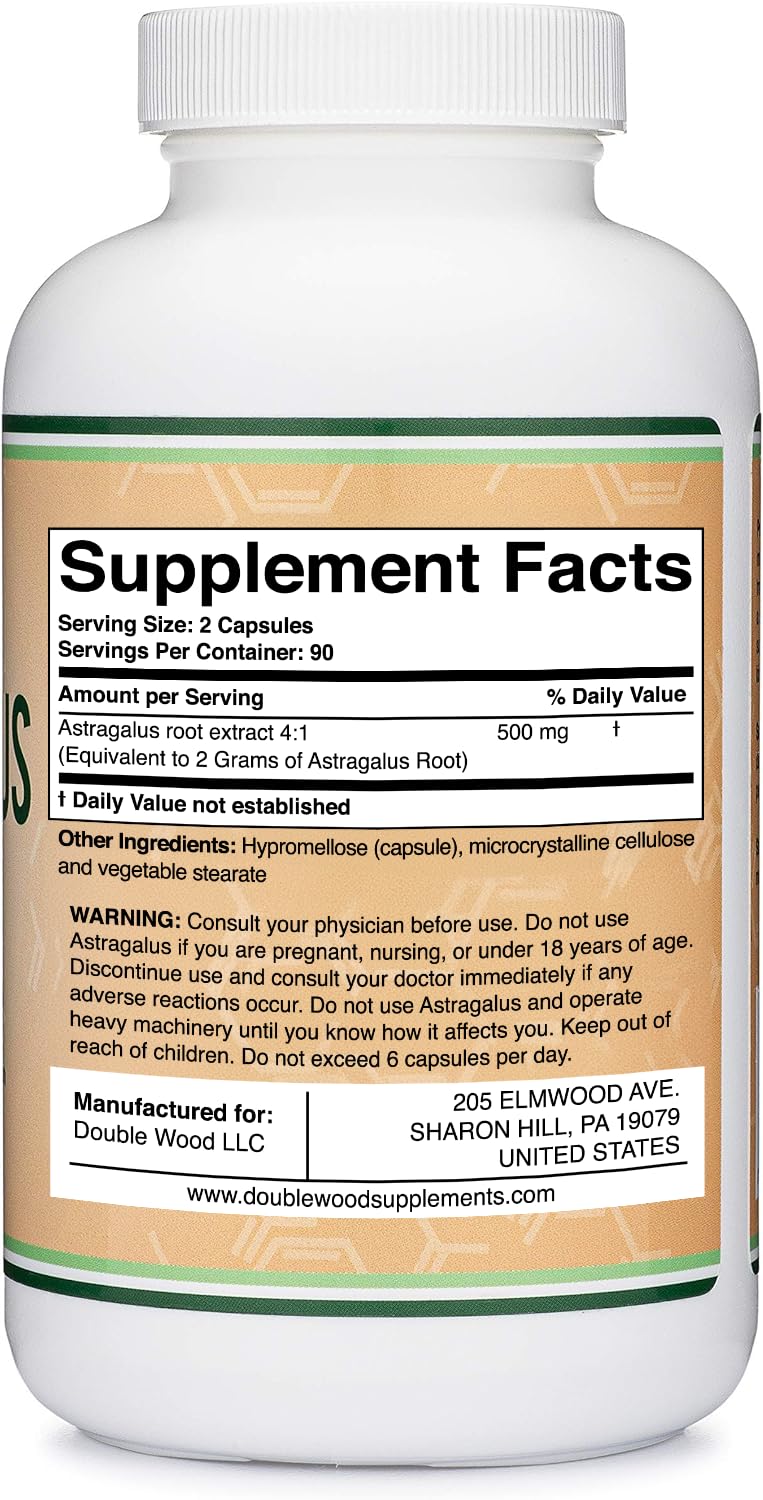 Side view of Double Wood Astragalus 500mg bottle detailing non-GMO and gluten-free product features