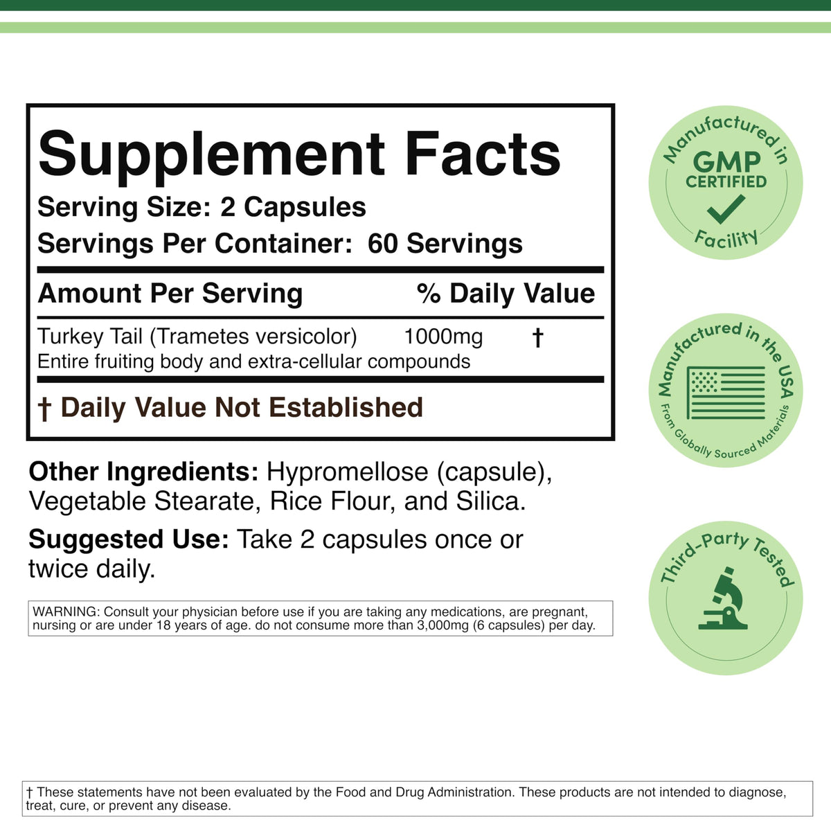 Double Wood Turkey Tail Mushroom 1000 Milligrams supplement facts label showing serving size and USA origin