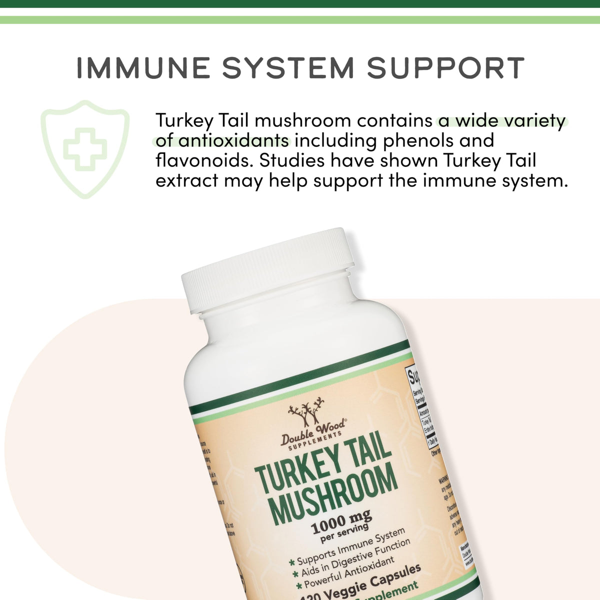 Authentic packaging of Double Wood Supplements Turkey Tail extract for immune defense and cellular protection