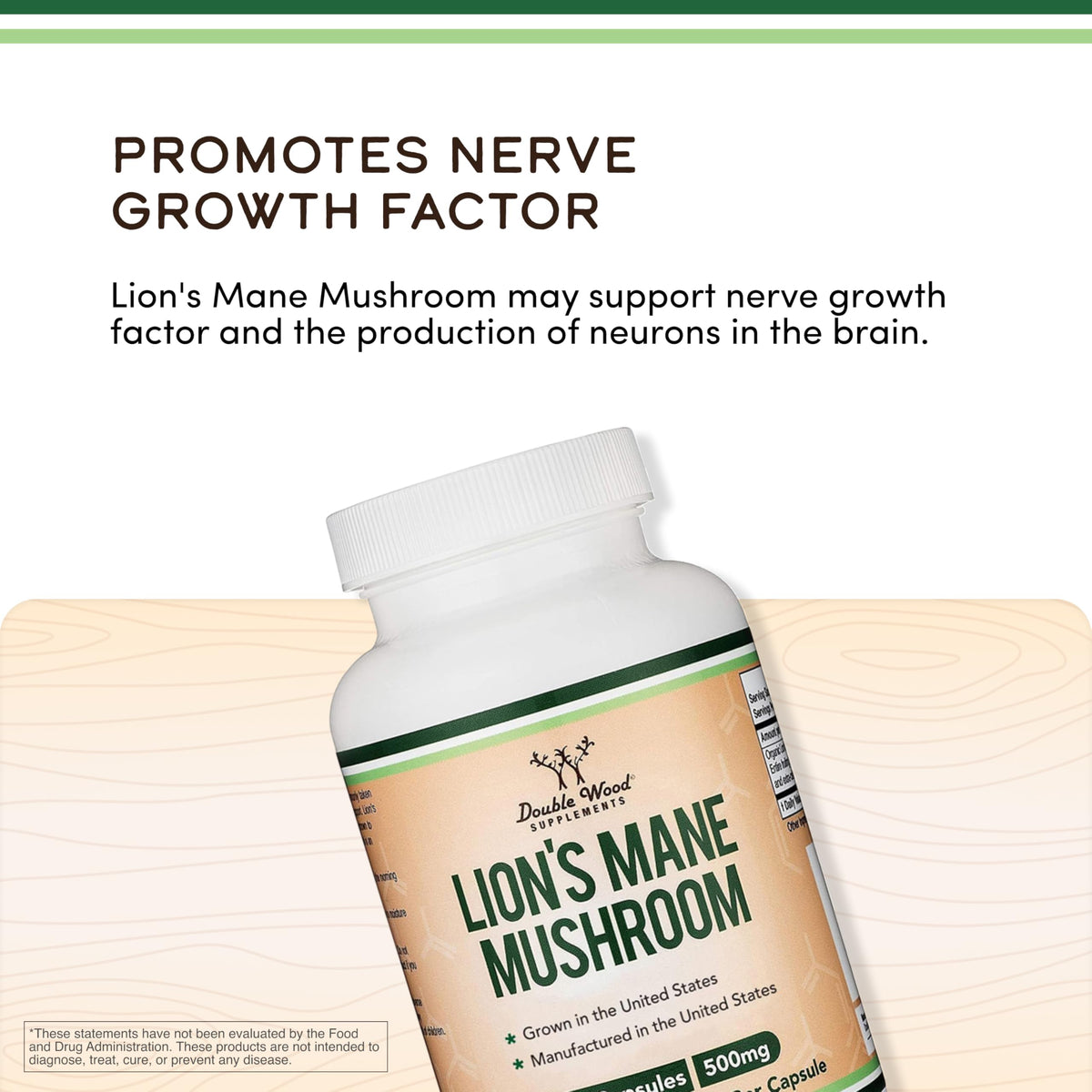 Double Wood Supplements nootropic organic mushroom pills container for brain health and mental clarity