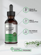 Authentic USA imported Horbäach olive leaf extract 59 mL liquid supplement bottle with dropper cap.