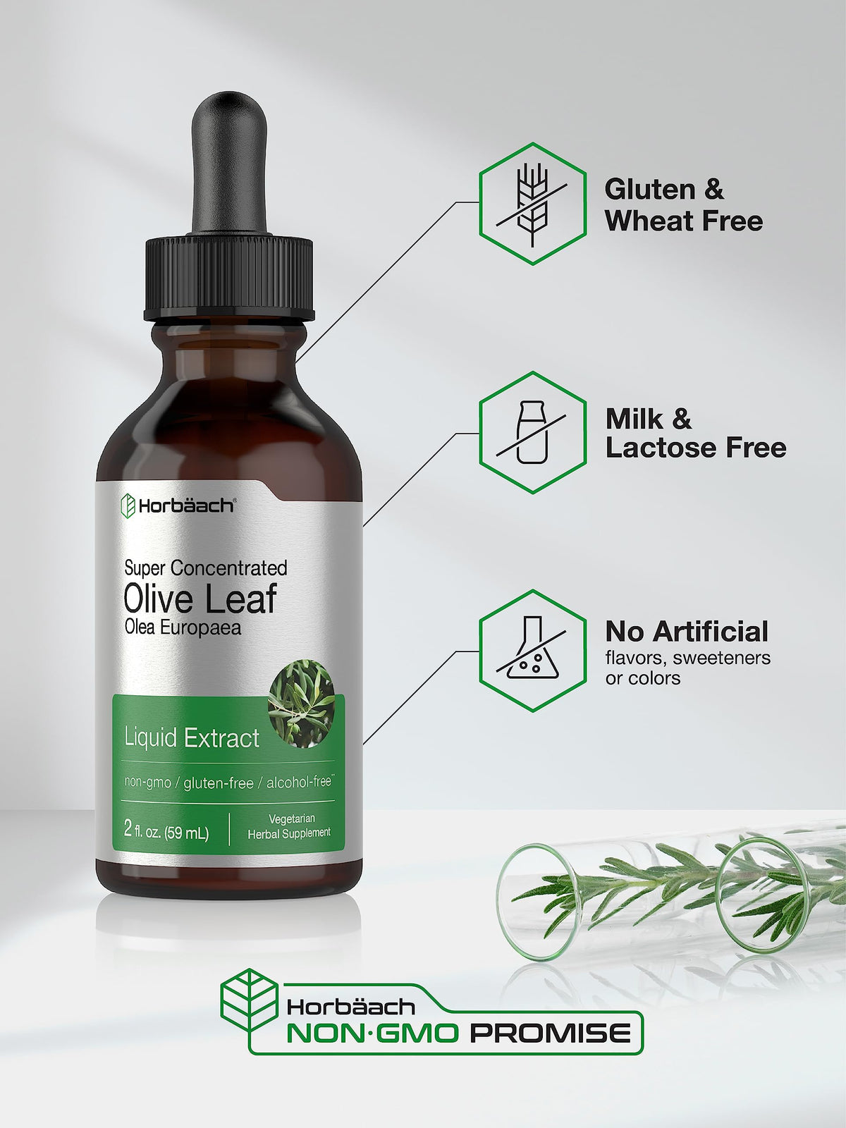 Authentic USA imported Horbäach olive leaf extract 59 mL liquid supplement bottle with dropper cap.