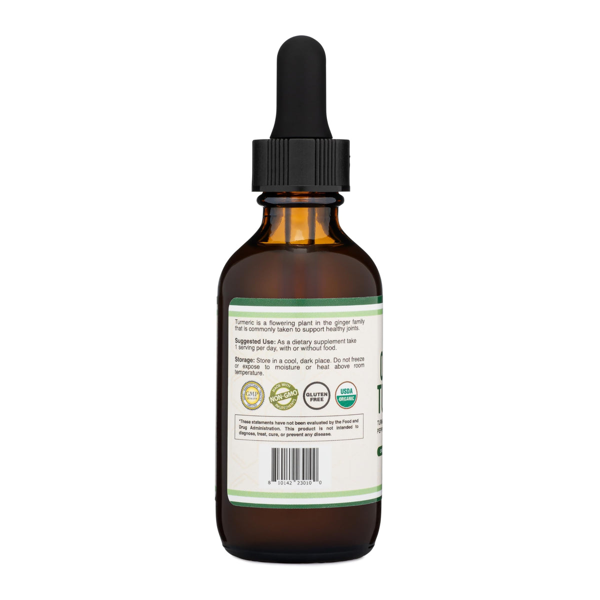 Authentic imported USA turmeric curcumin drops supplement label showing organic ingredients list