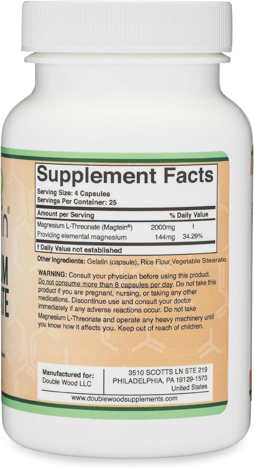 Double Wood Magtein capsules showing the unflavored supplement form for daily cognitive and sleep wellness support