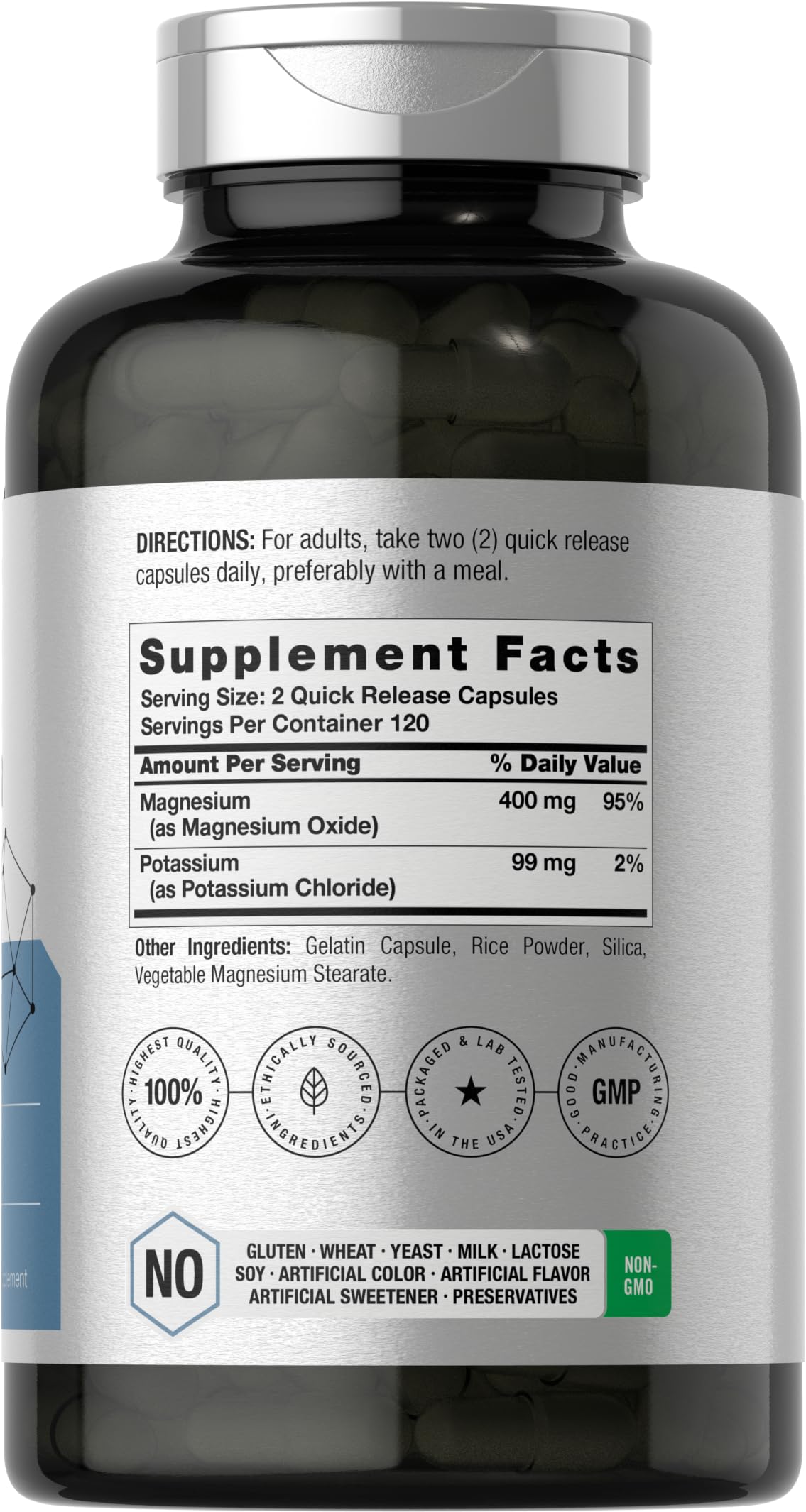 Horbäach Potassium Magnesium dietary supplement showing non-GMO and gluten free labels