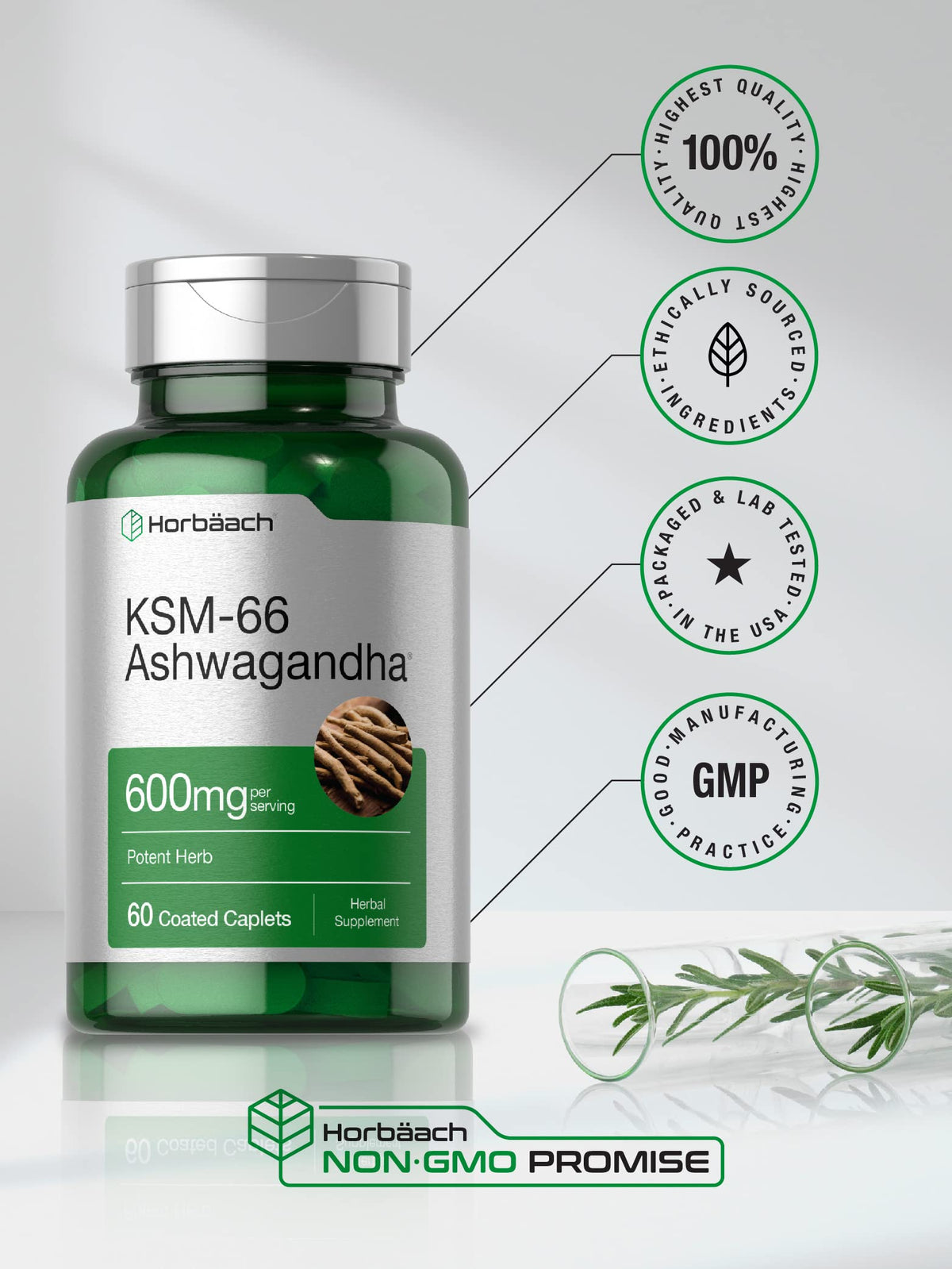 Horbäach KSM-66 Ashwagandha vegan and non-GMO certification display