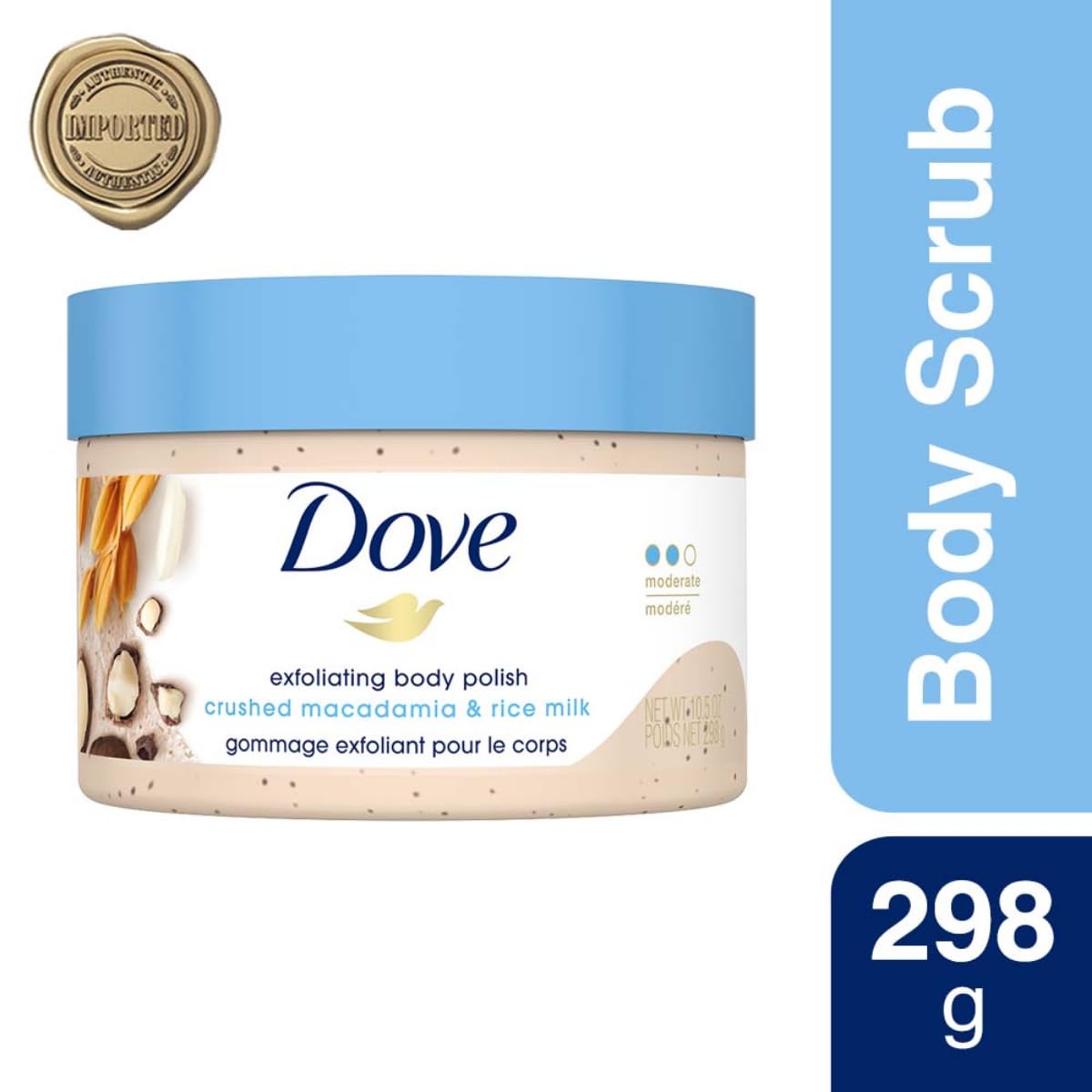 Dove body scrub jar open showing whipped texture