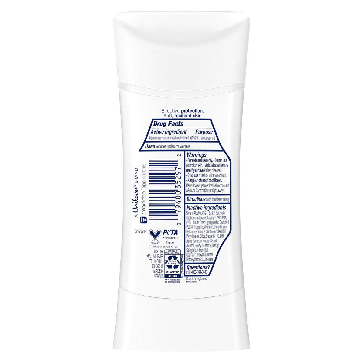 Dove women's 72 hour sweat protection deodorant stick showing cucumber and green tea ingredients visual.