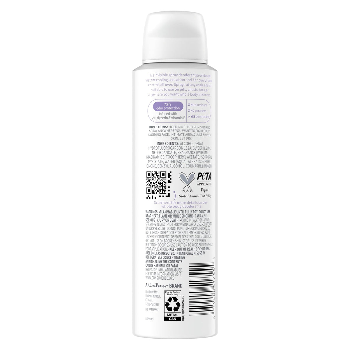 Dove Whole Body Deo Spray showing 72-hour odor control label