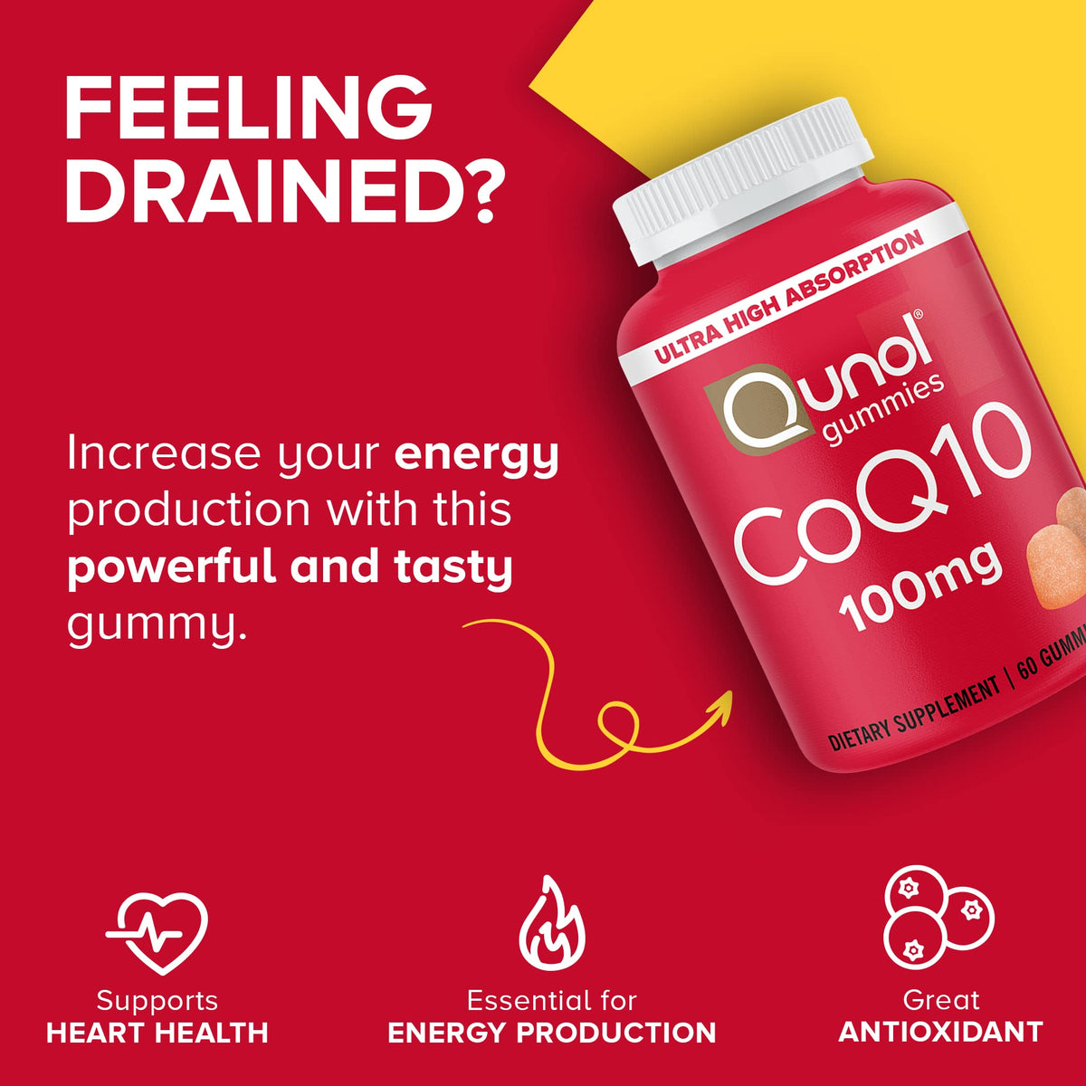 Qunol CoQ10 120 count bottle showing orange flavored vegan dietary supplement nutrition facts