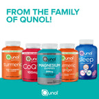 Authentic USA imported Qunol CoQ10 chewable supplements showing clear security seal and product dimensions