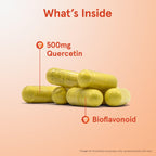 Back label view of Jarrow Formulas Quercetin 200 vegetarian capsules detailing allergen free manufacturing standards