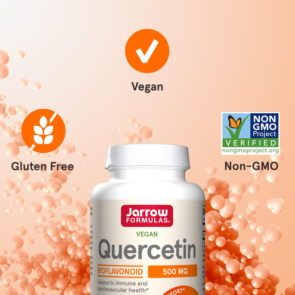 Top view angle of Jarrow Formulas Quercetin 500mg dietary supplement with secure factory sealed cap