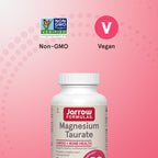 Close up of the non GMO and gluten free allergen labels on Jarrow Formulas Magnesium Taurate.