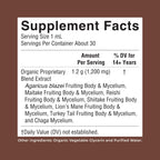 Alcohol free organic mushroom complex tincture bottle showing premium dropper.