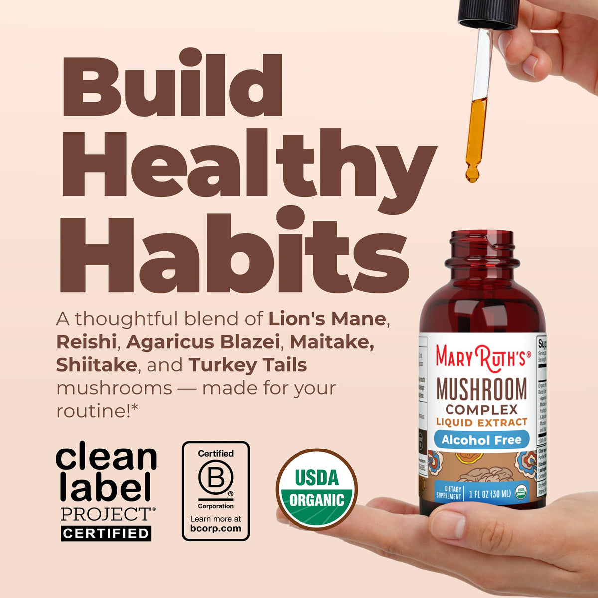 Supplement facts label on MaryRuth Organics Lion's Mane and Reishi drops.