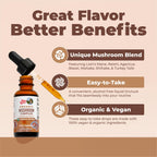 Six mushroom blend liquid extract bottle for immune system support.