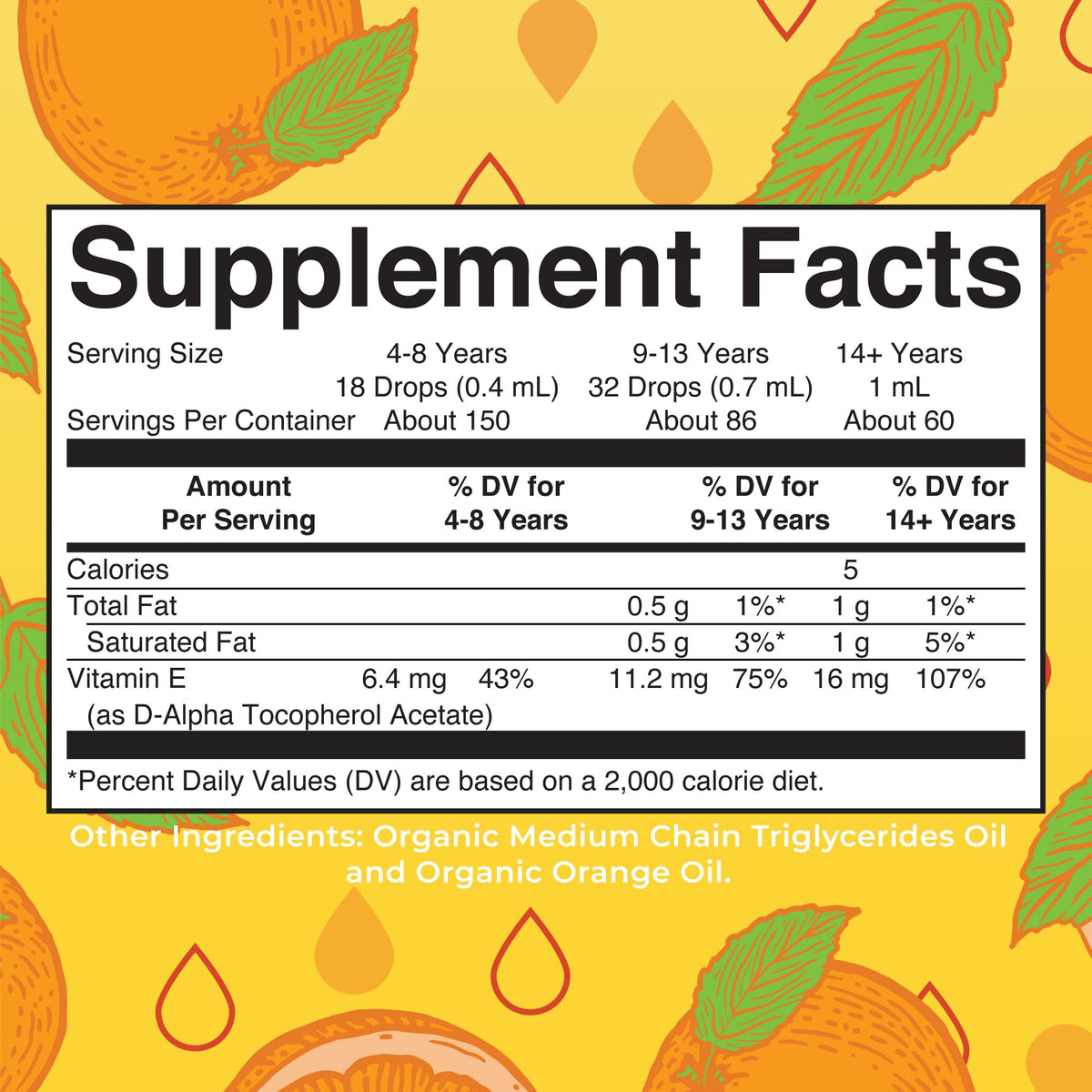 MaryRuth Organics Vitamin E Liquid Drops natural orange flavor supplement facts panel and ingredients