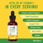 MaryRuth Organics USDA Organic certified seal and vegan product labeling on vitamin E bottle