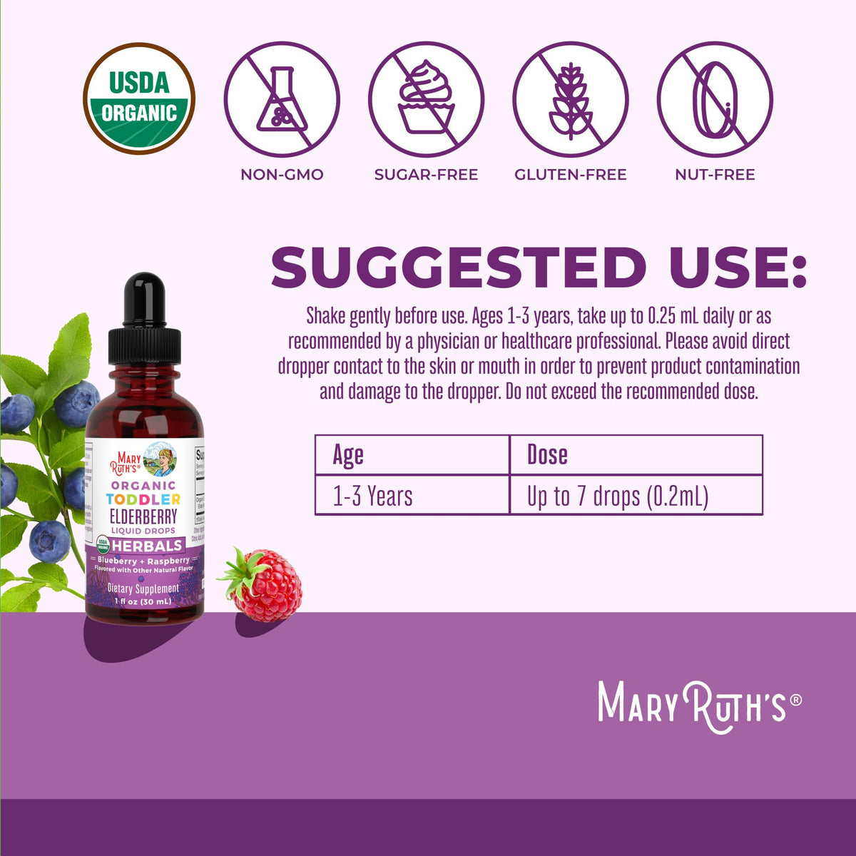 Organic elderberry syrup drops for toddlers ages 1 to 3 showing droplet applicator