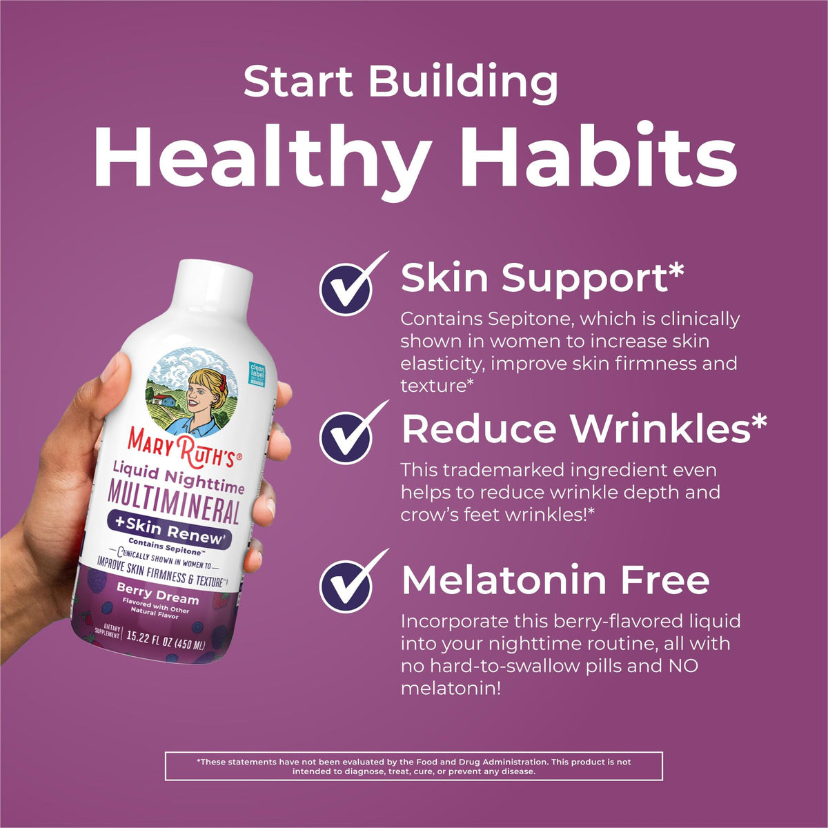MaryRuth Organics vegan nighttime skin supplement bottle angle view