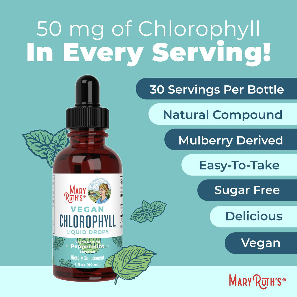 Peppermint flavored chlorophyll drops bottle placed next to fresh mint leaves representing its clean taste