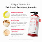 Close up of the red packaging showing ingredients of the Hypochlorous Acid Rice Body Peel Shot.