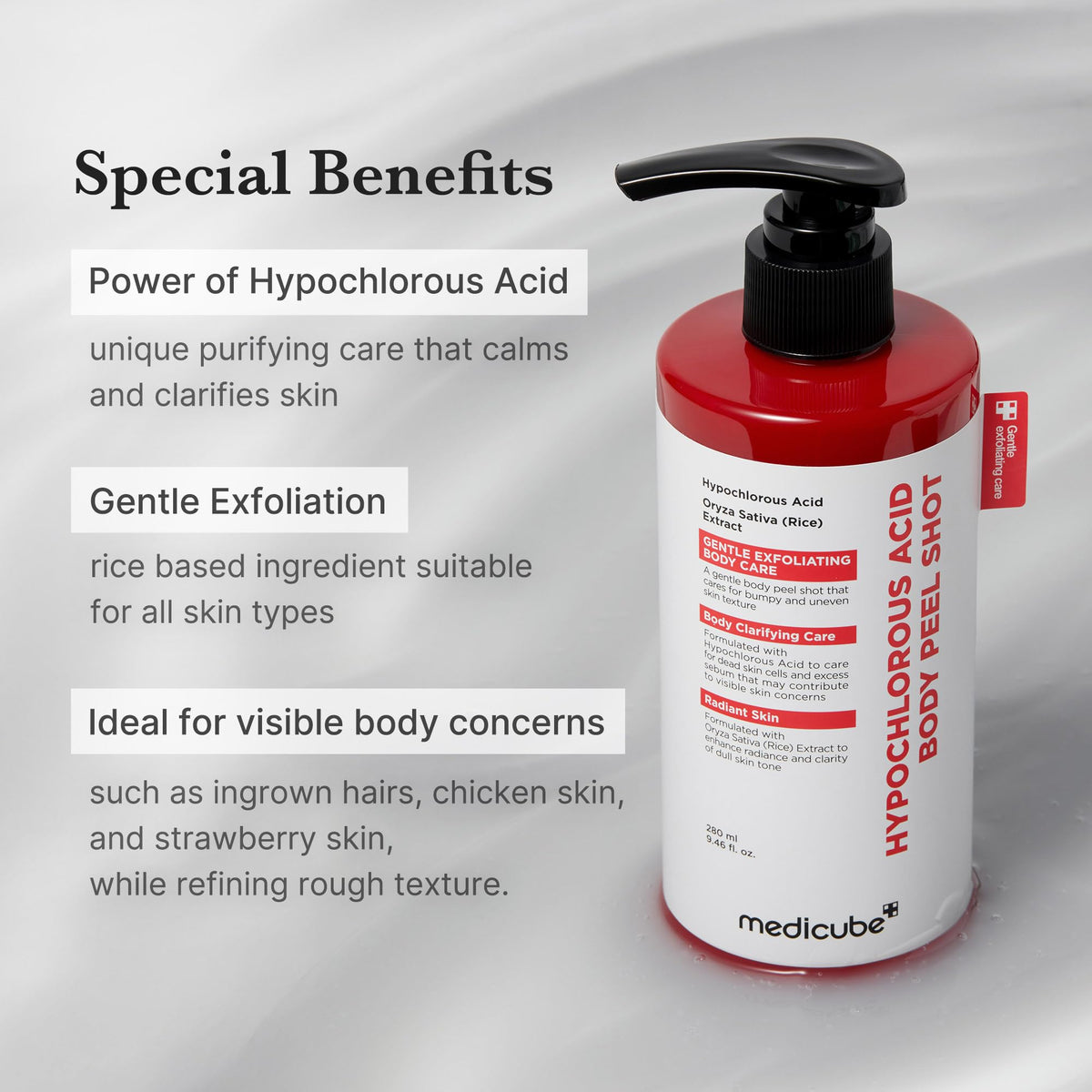 Back view of Medicube body peel shot bottle showing instructions and fluid ounces details.
