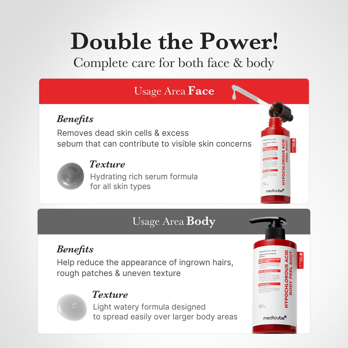 Hypochlorous acid body peel shot by Medicube showing the texturized pump bottle design.