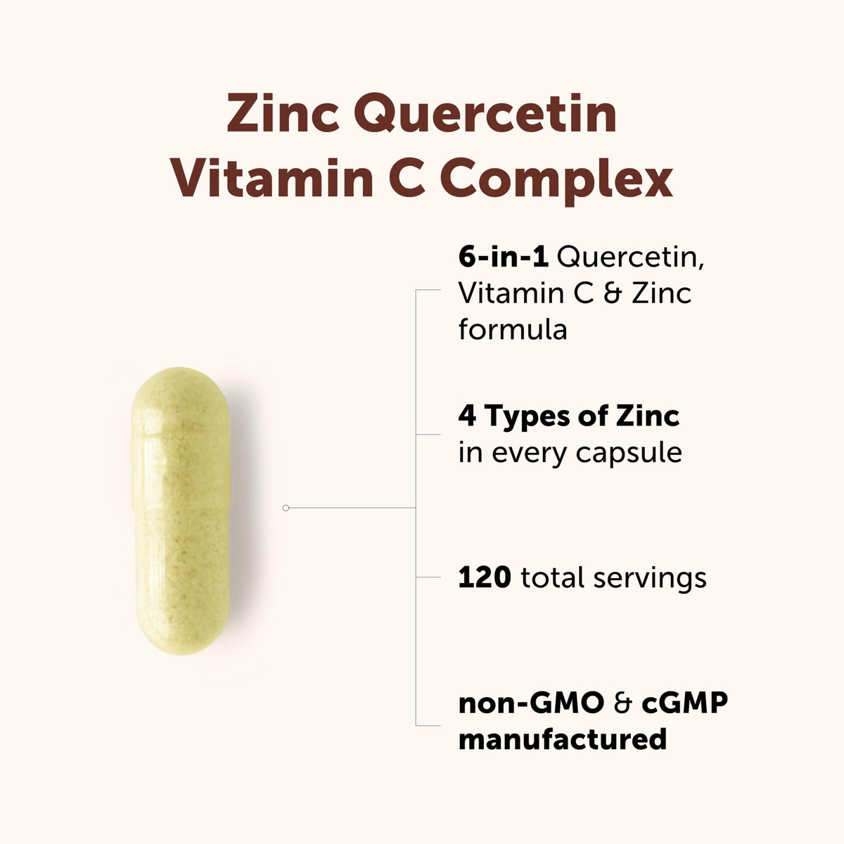 Back label view of Micro Ingredients Quercetin displaying zinc complex and 120 servings