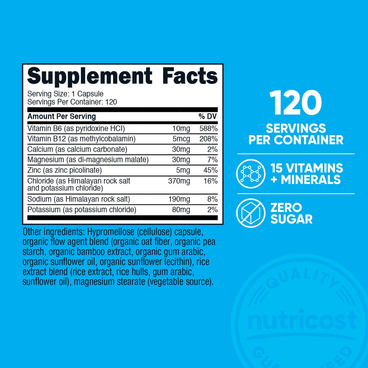 Nutricost Electrolyte capsules supplement facts panel displaying eight minerals and vitamins list
