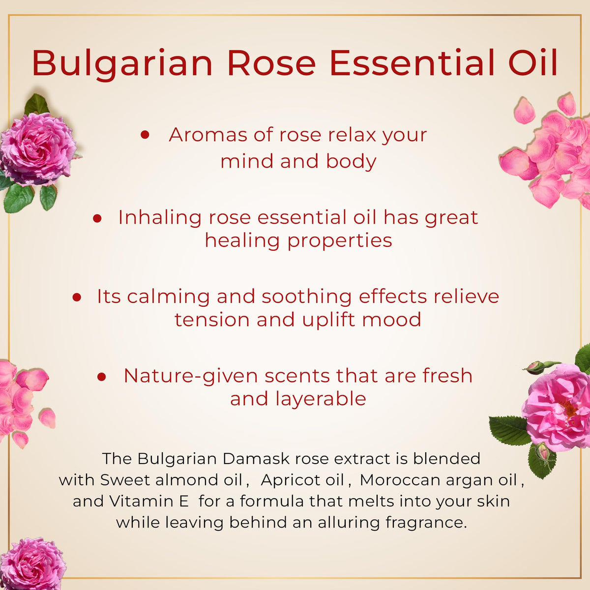 Natural botanical rose blend smooths dry hair strands and rough cuticles