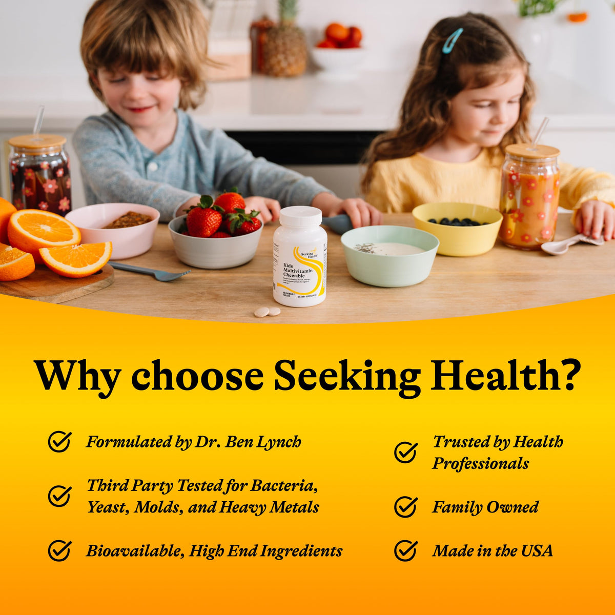 Seeking Health Kids Multivitamin Chewable MF 120 Tablets packaging display highlighting clean children nutrition.