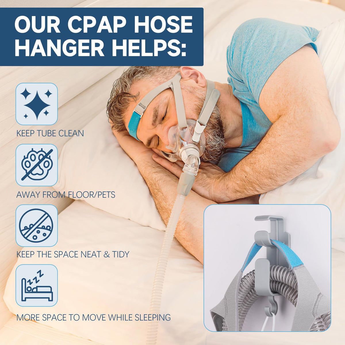 Triple hook design for storing CPAP mask and tubing
