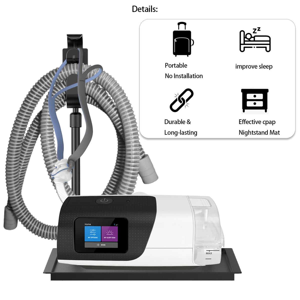 Matte black CPAP bedside mat with hose management system