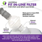 Three disposable CPAP in-line filters with clear plastic casing