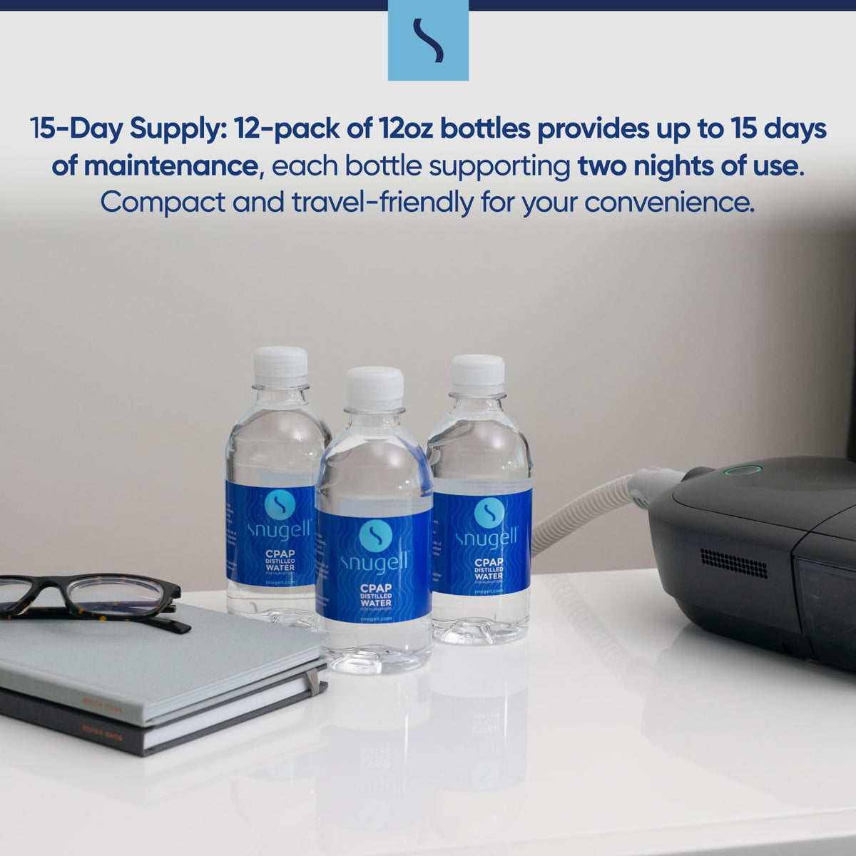 Snugell distilled water bottles arranged for travel convenience